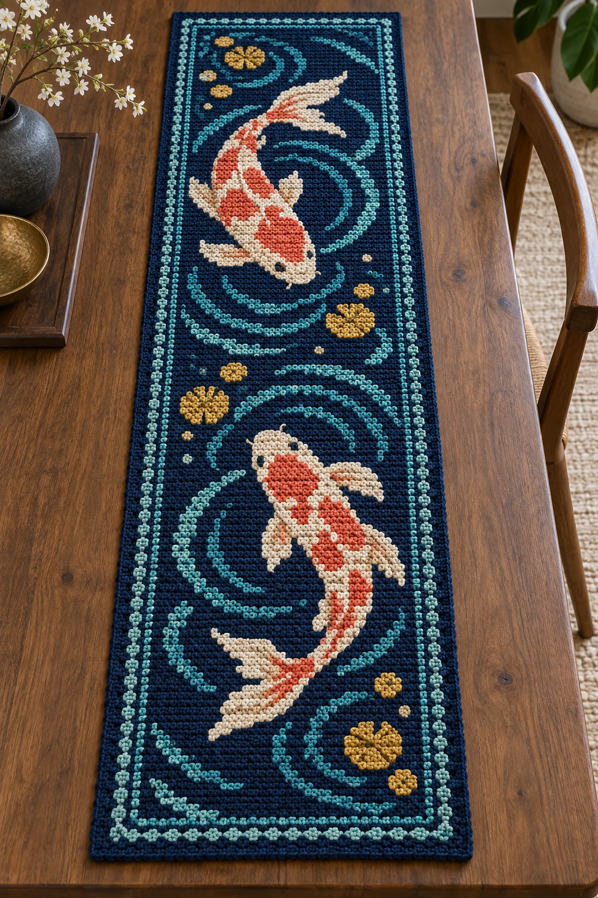 Finished midnight blue crochet koi pond mosaic table runner with coral fish and turquoise ripples