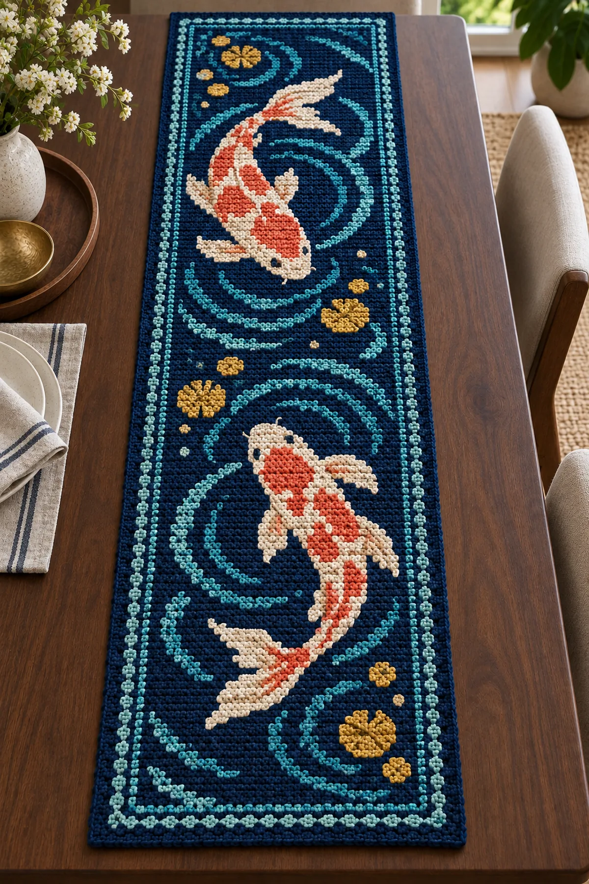 Koi pond crochet mosaic table runner styled on a modern dark wood dining table