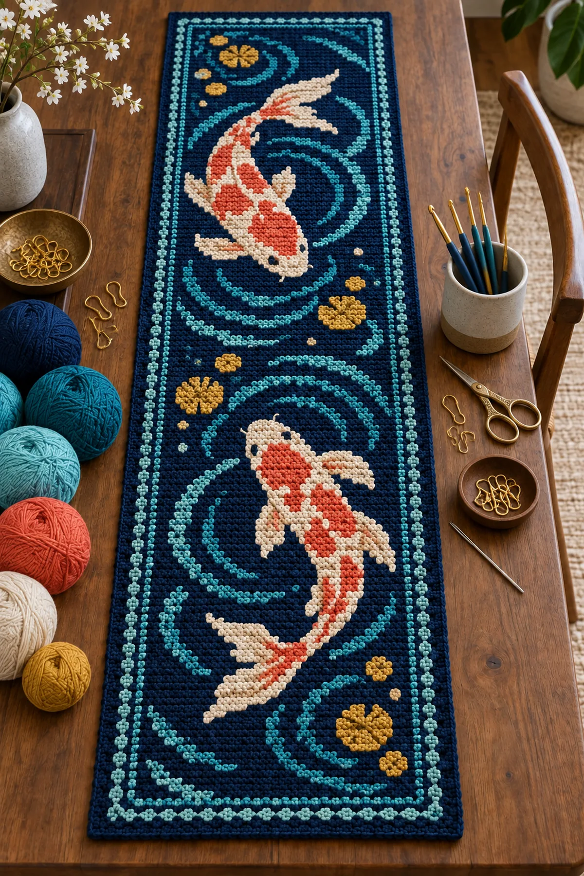 Midnight turquoise coral cream and gold DK cotton crochet hook markers needle and scissors