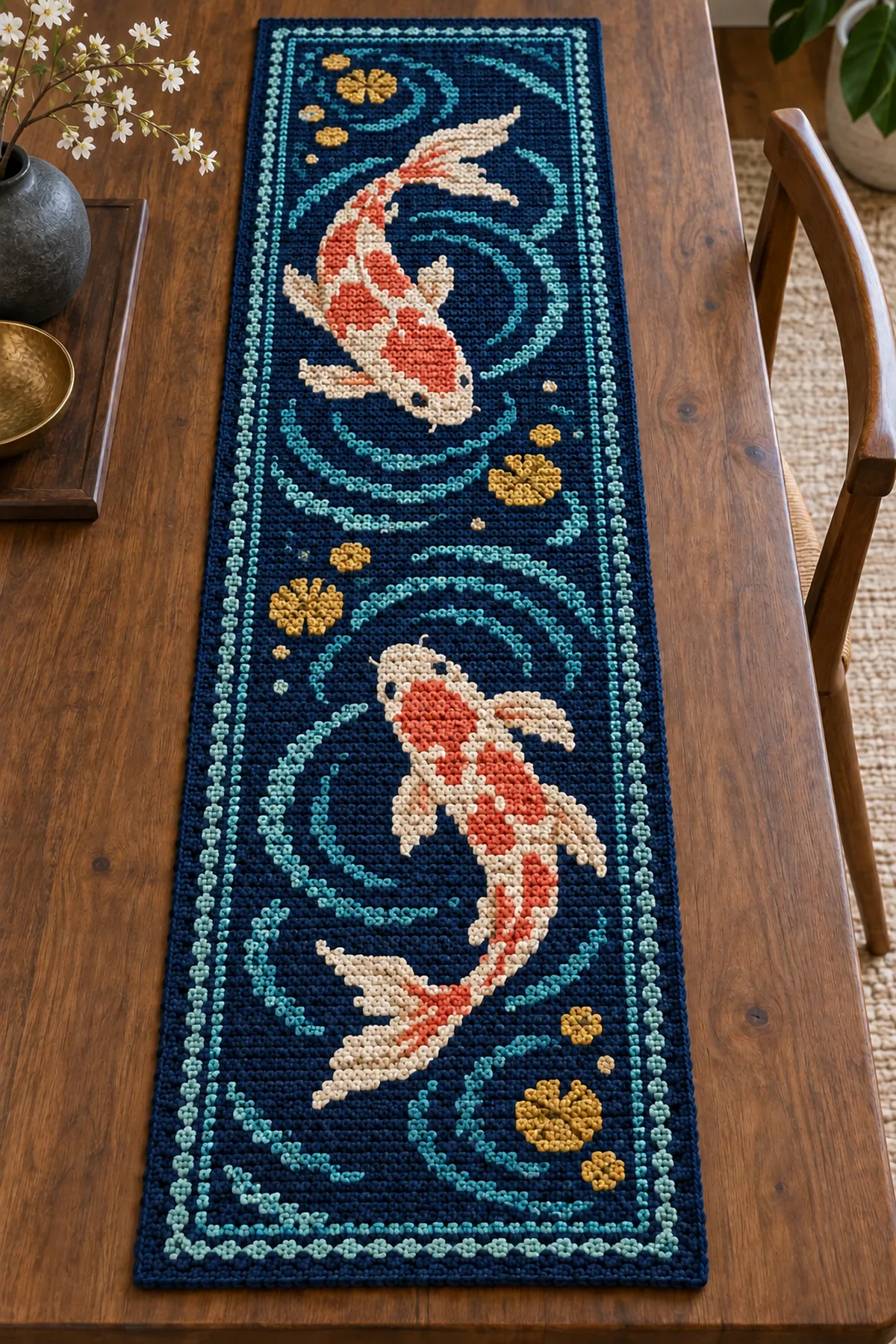 Midnight blue 63 stitch runner foundation with first coral koi mosaic rows