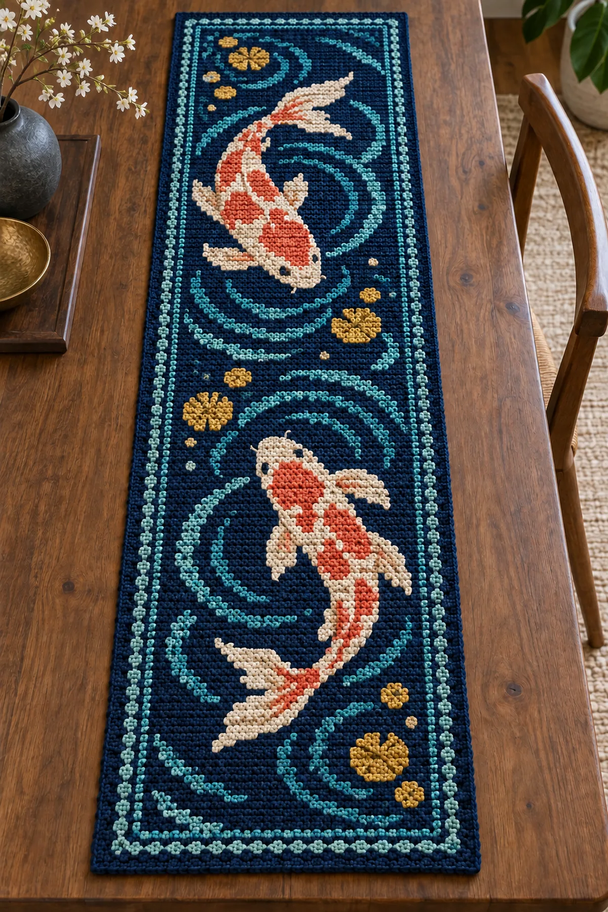 Koi pond mosaic table runner with mirrored fish before surface ripple embroidery