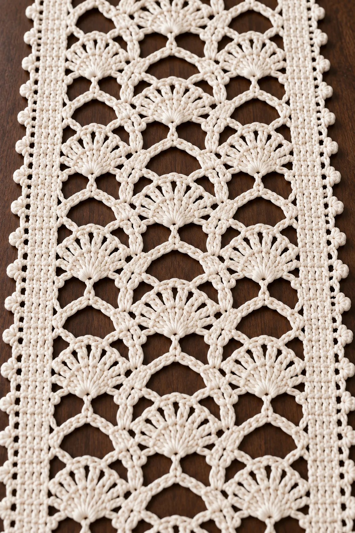 Close-up of ivory crochet five-stitch fans chain arches solid rails and picot edging