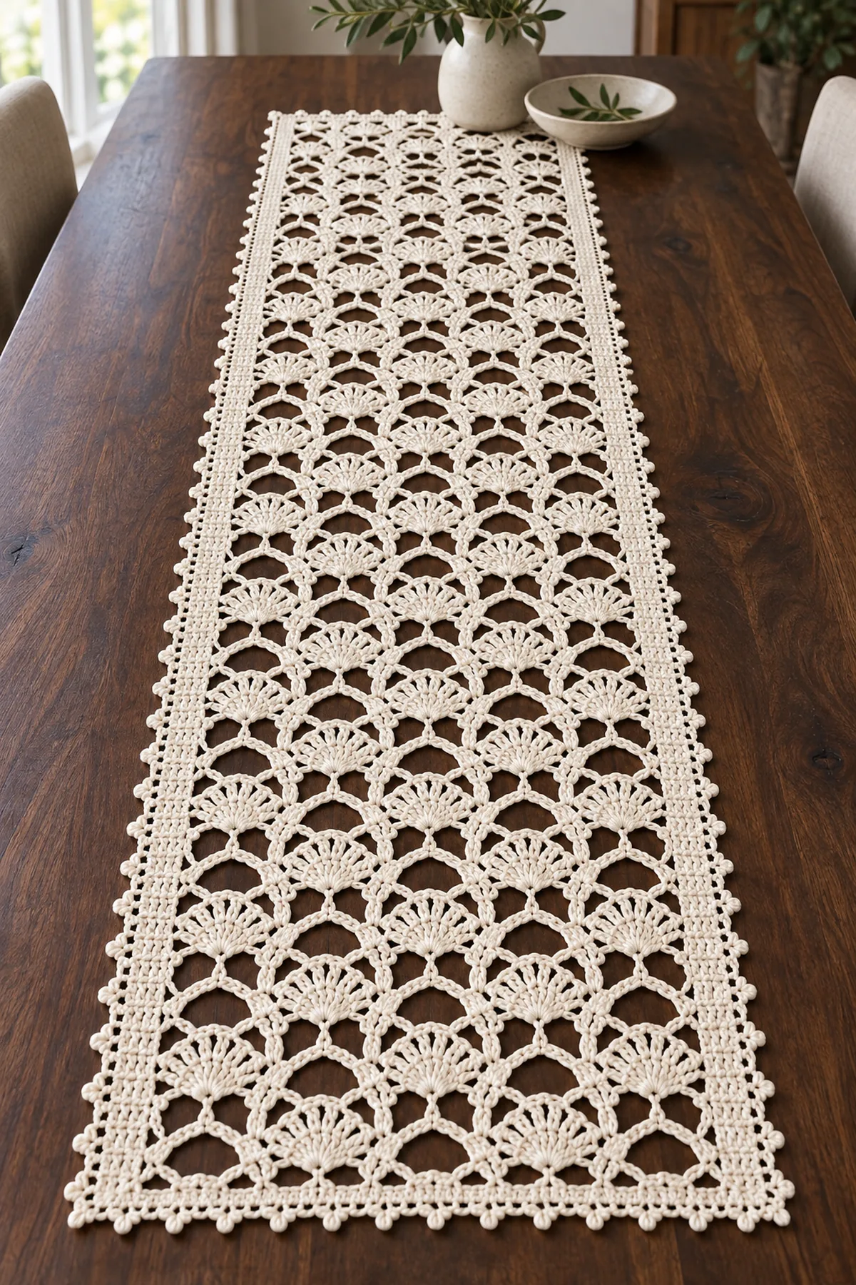 Finished ivory crochet lace table runner with repeating arch windows fan motifs and picot border