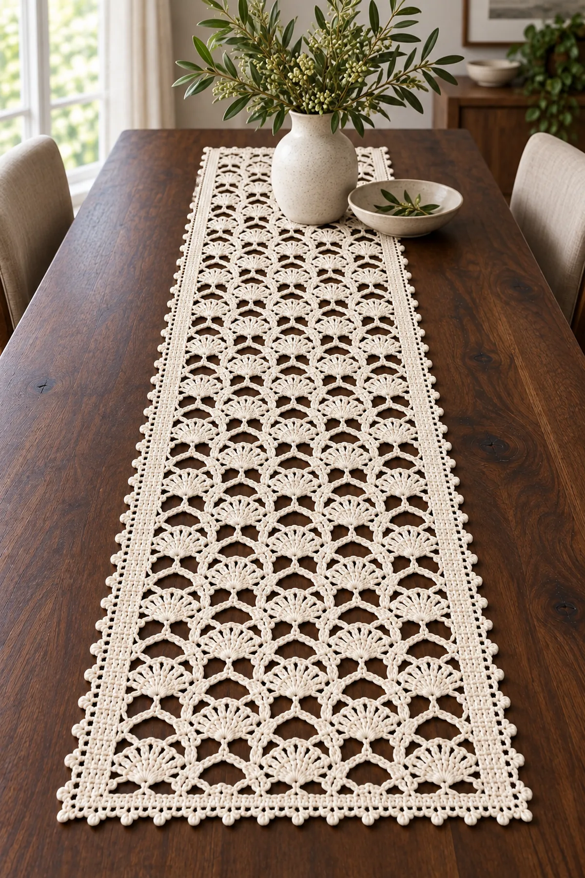 Elegant ivory lace crochet table runner styled on a dark wood dining table