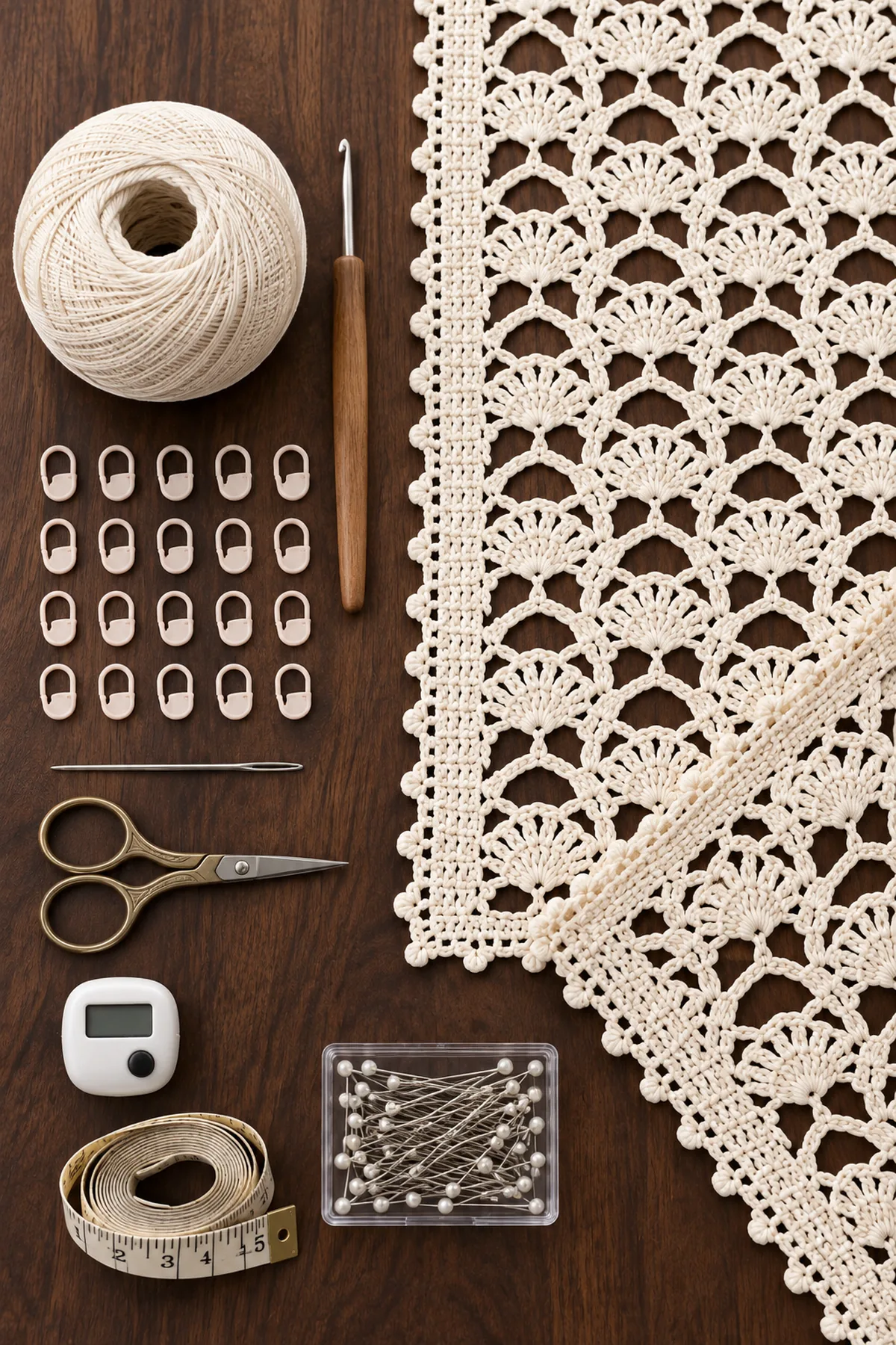 Ivory sport cotton yarn fine crochet hook markers needle scissors row counter and blocking pins