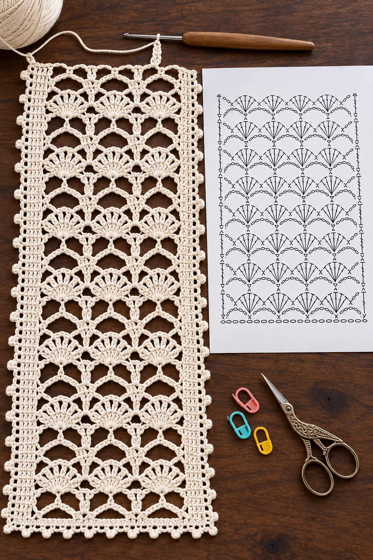 Partly completed lace runner beside an original eight-row arch and fan crochet chart