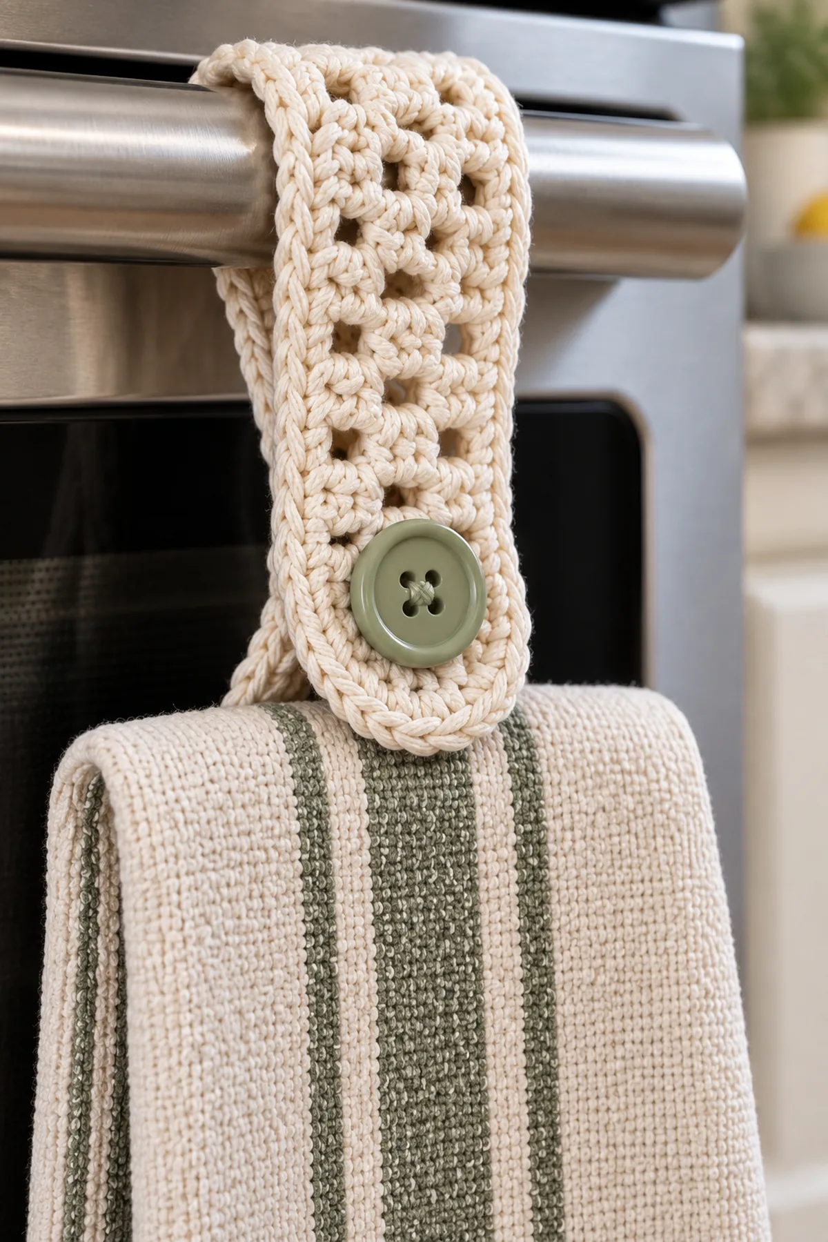 Close-up of stitch texture and finishing details on crochet lattice kitchen towel holder