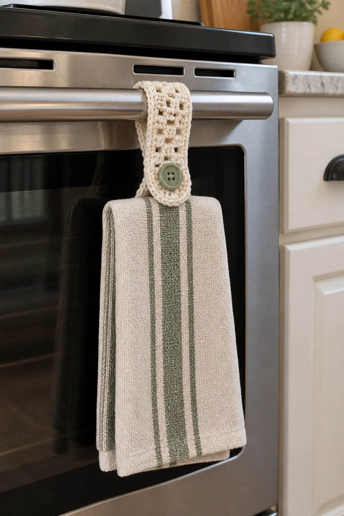 Finished crochet lattice kitchen towel holder displayed with a clean handmade finish