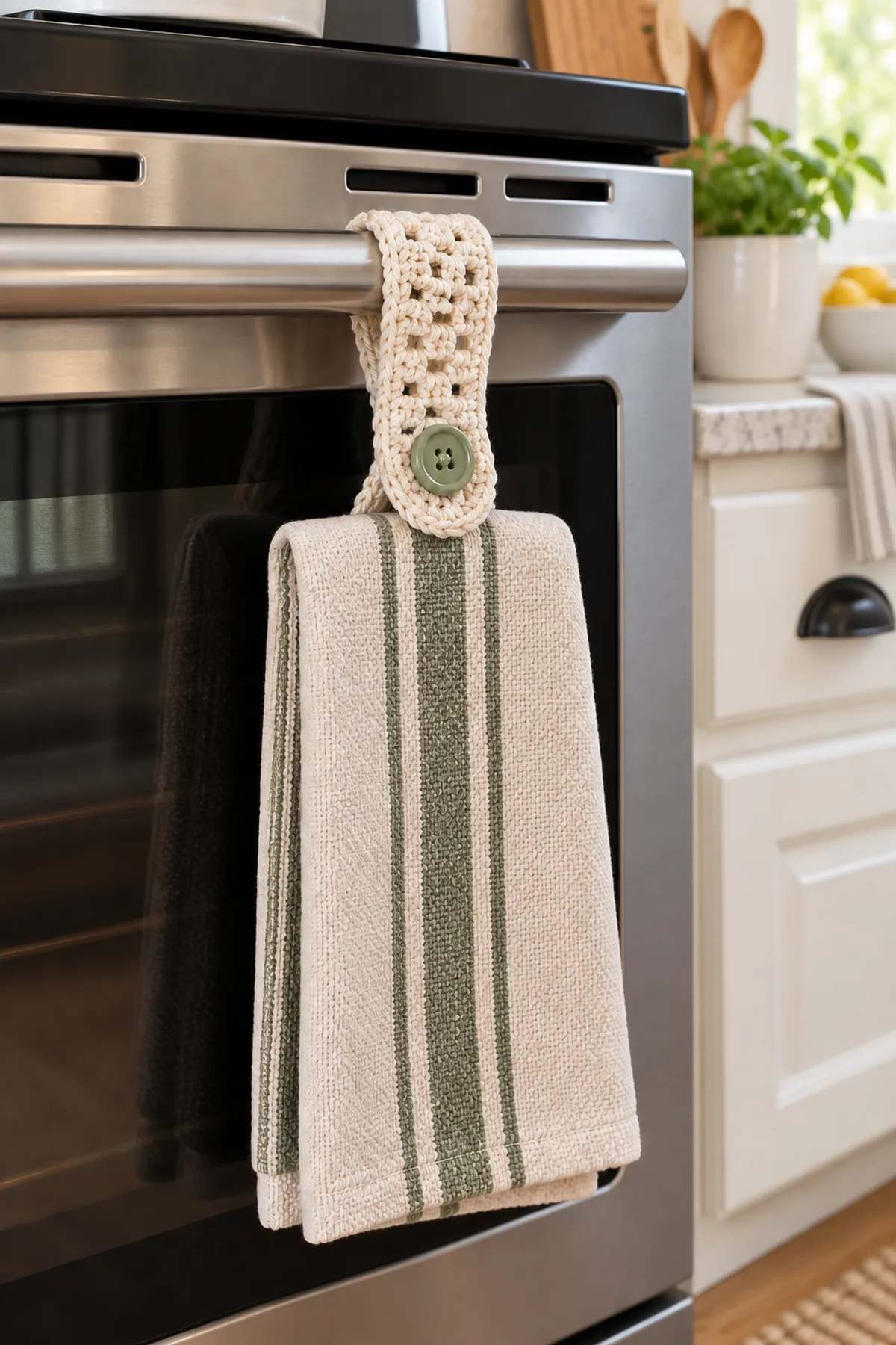 Finished crochet lattice kitchen towel holder styled in a bright natural setting