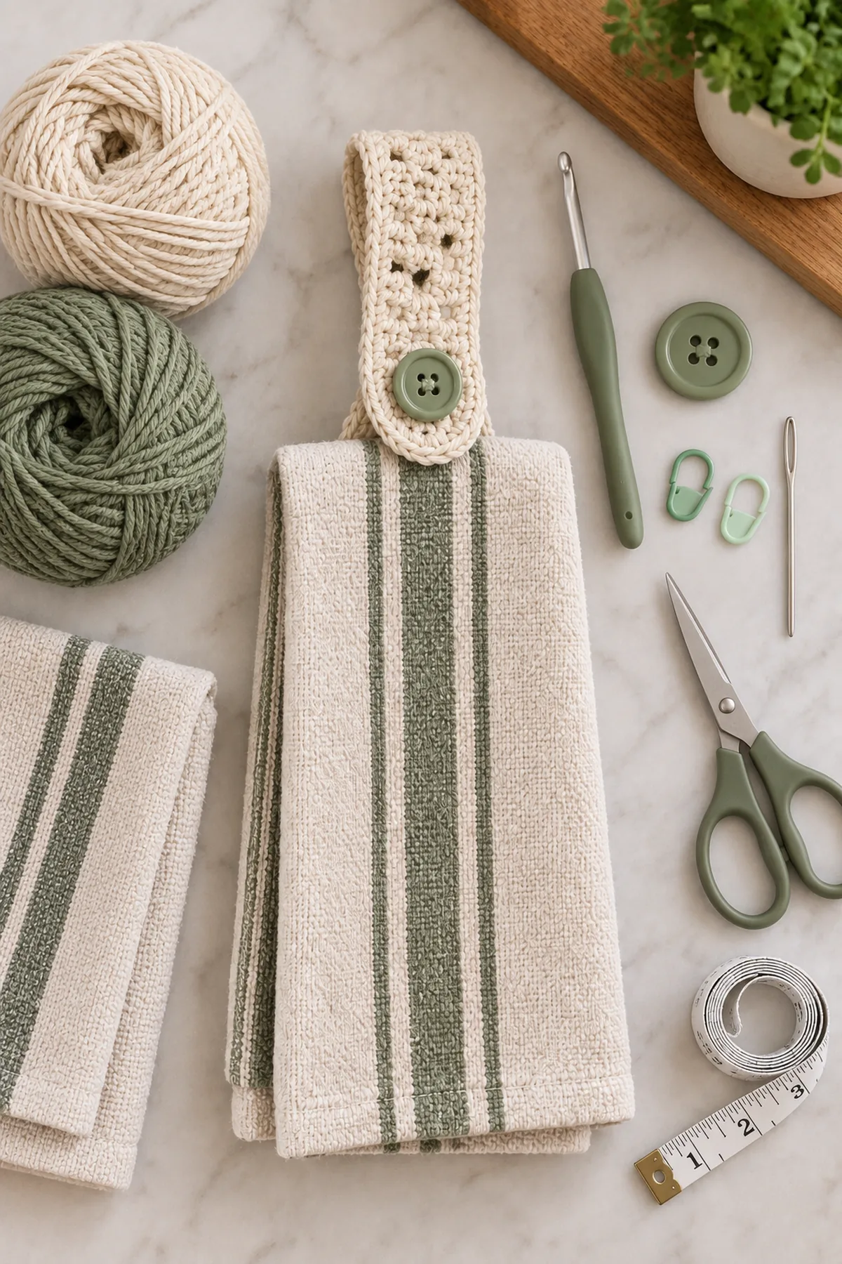 Materials for crochet lattice kitchen towel holder including yarn, crochet hook, markers, needle, tape measure, and scissors