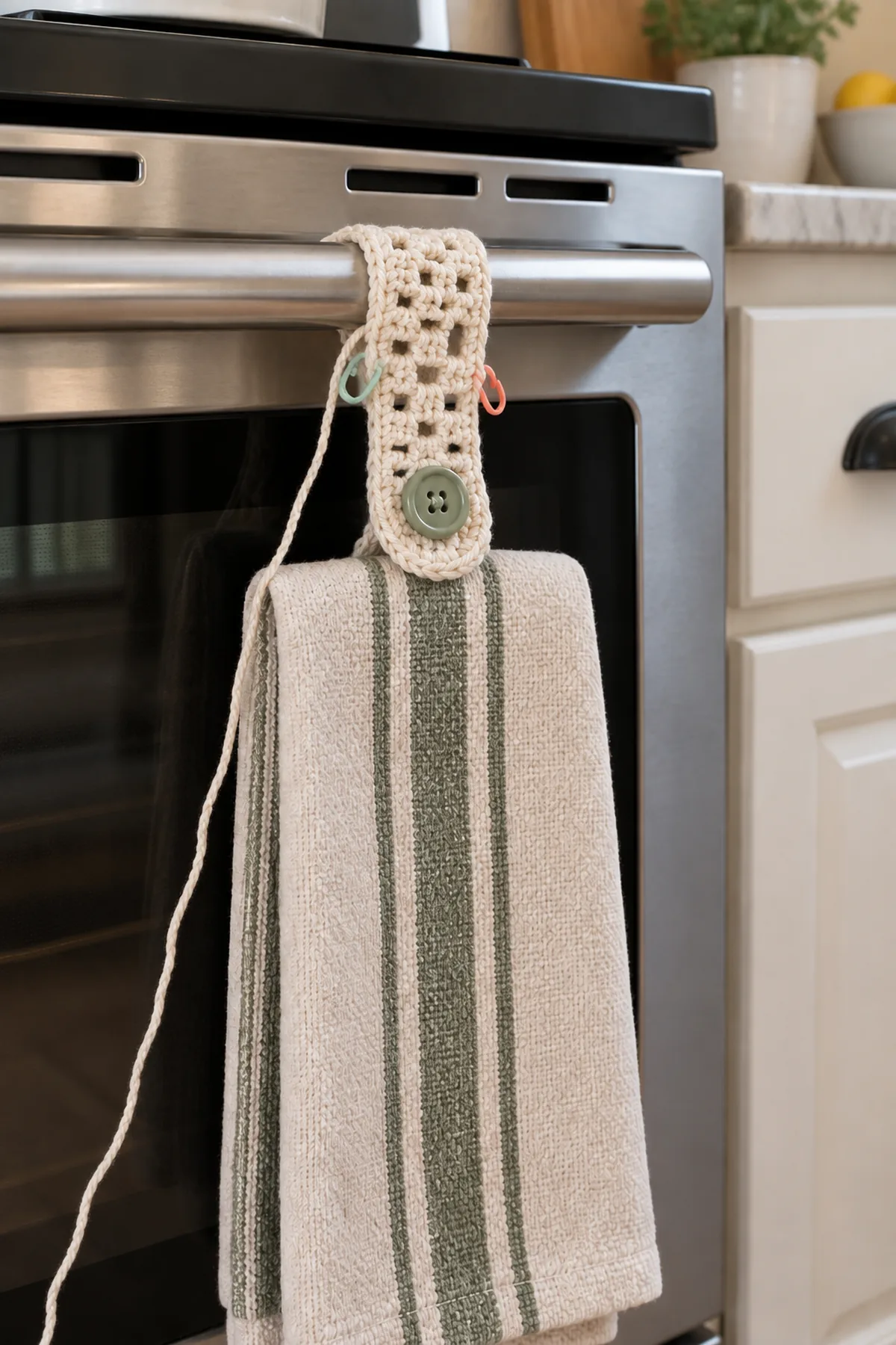 Early crochet construction stage for crochet lattice kitchen towel holder with working yarn and hook