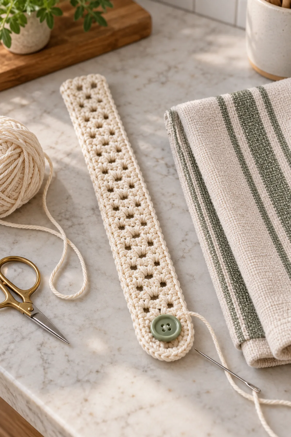 Mid-process crochet construction and shaping for crochet lattice kitchen towel holder