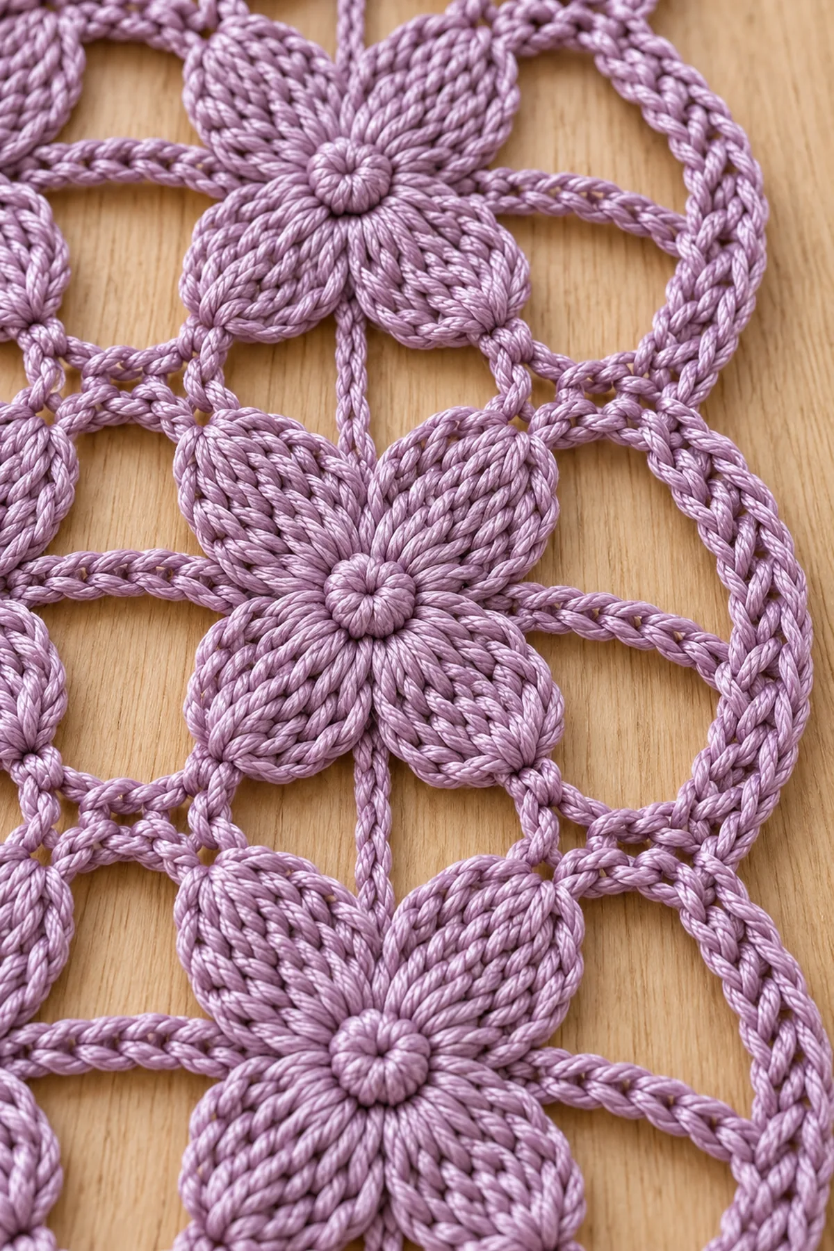 Close-up of four-petal crochet blossoms linked chain windows and scalloped border