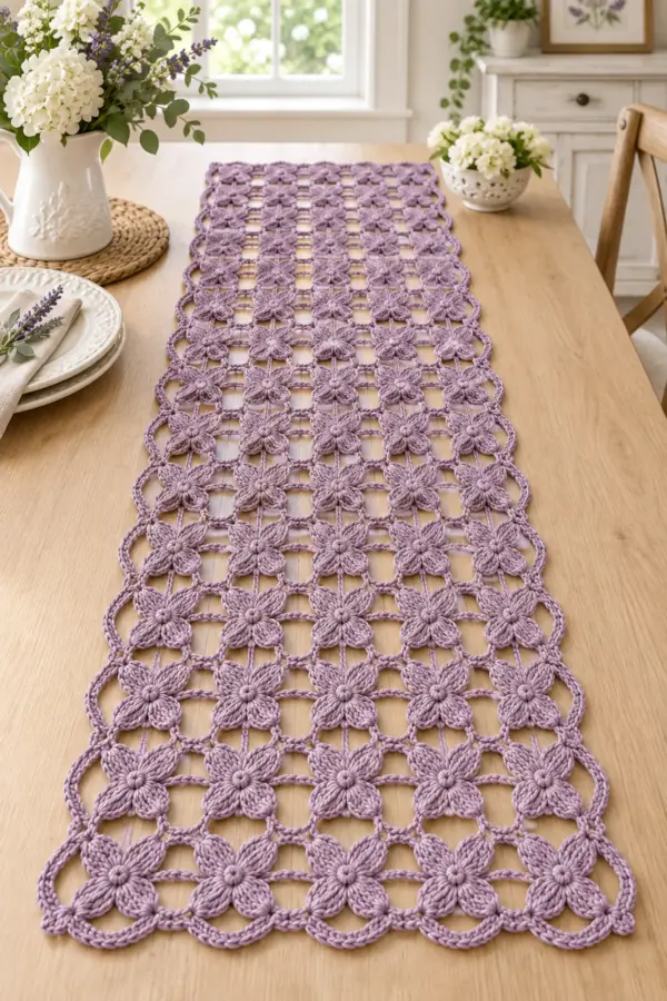 Finished dusty lavender crochet blossom lace table runner with linked flower motifs and scalloped edge
