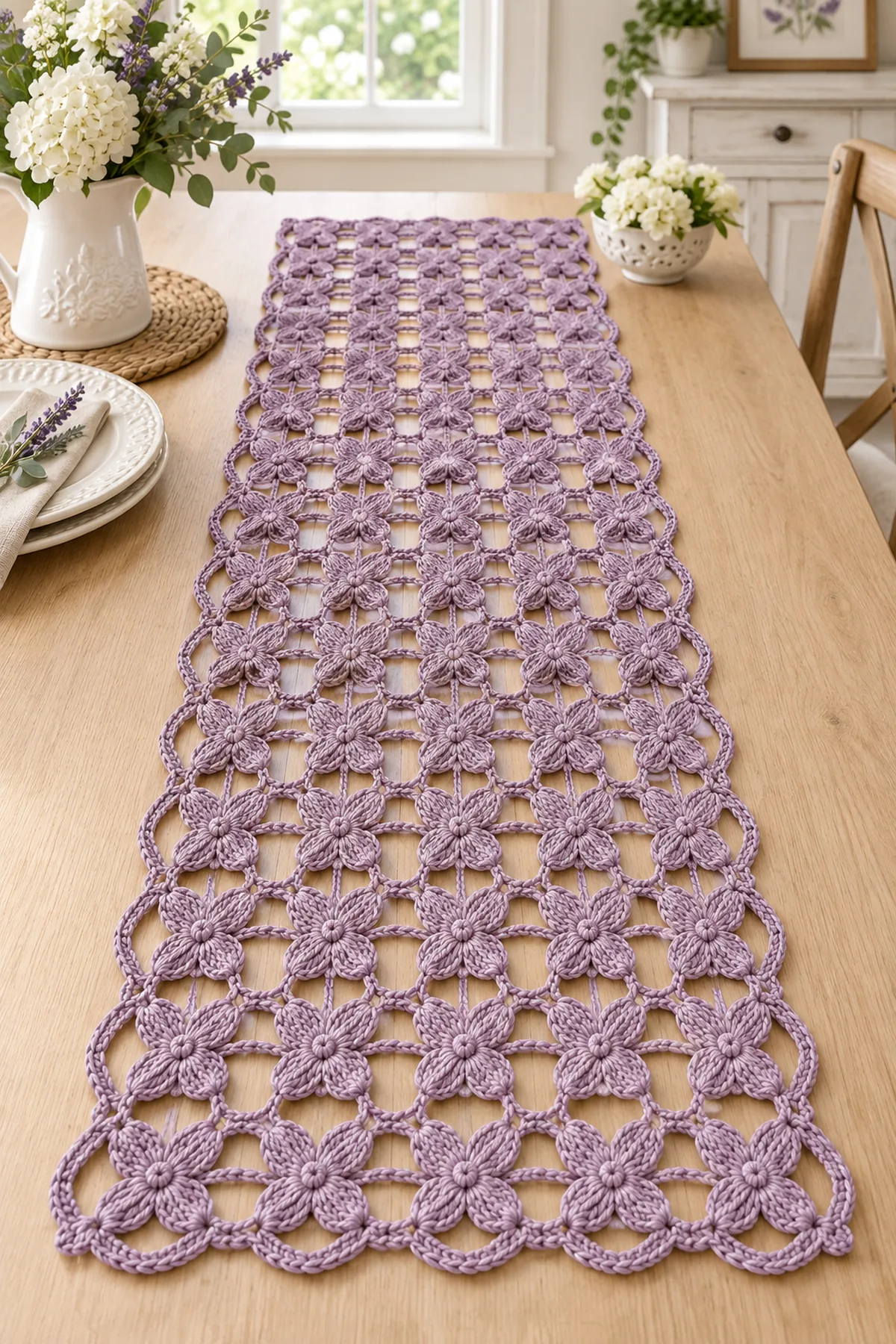 Finished dusty lavender crochet blossom lace table runner with linked flower motifs and scalloped edge