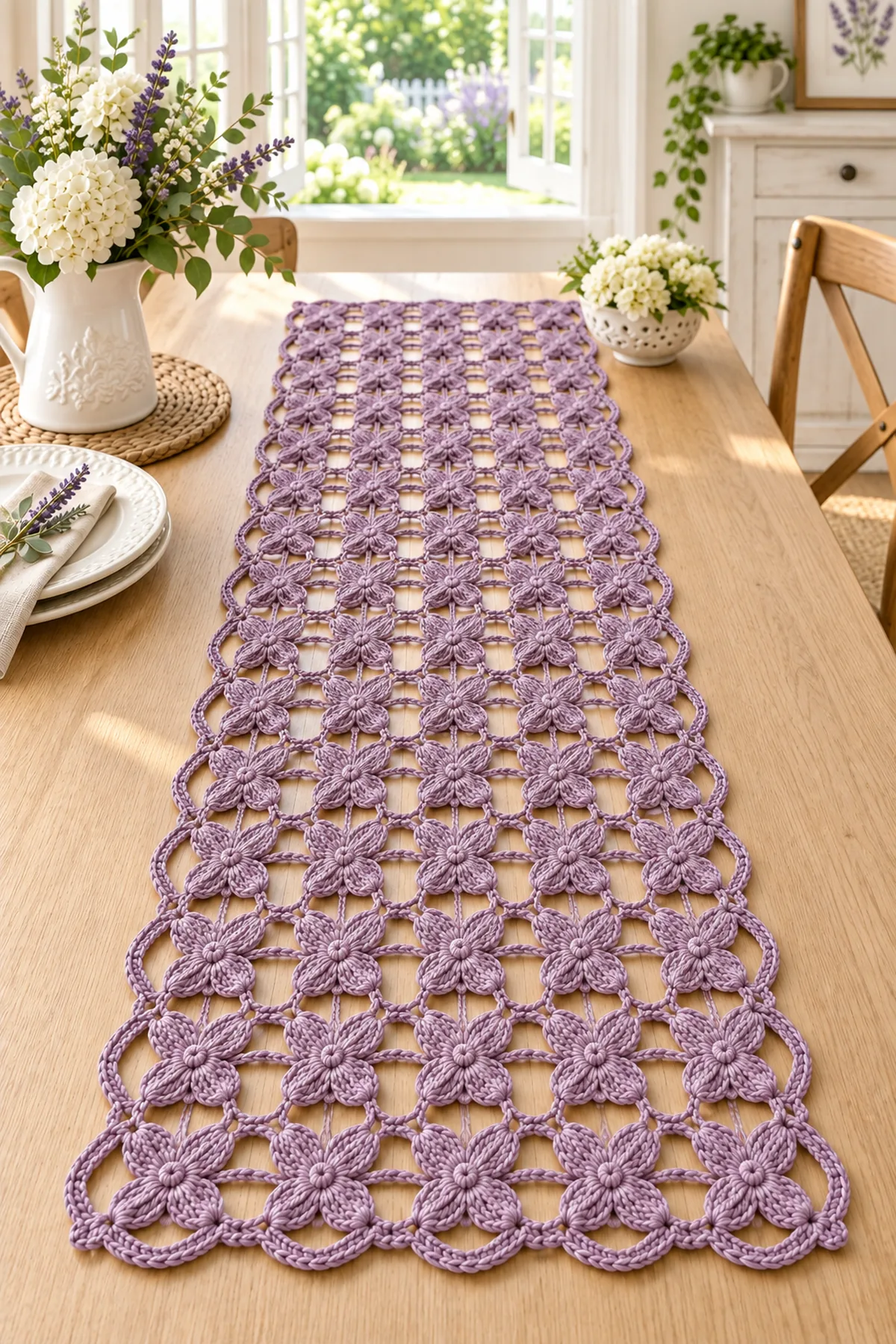 Lavender blossom lace crochet table runner styled on a light cottage dining table