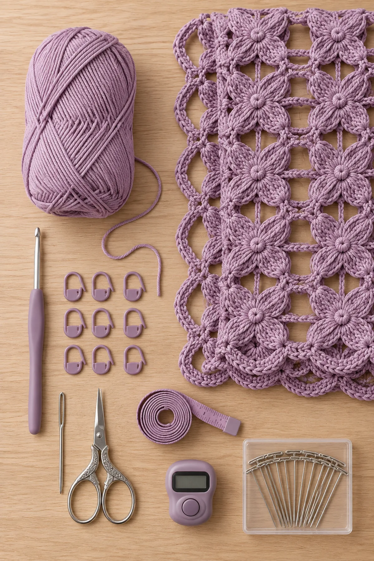 Dusty lavender sport cotton fine crochet hook markers needle scissors and blocking pins