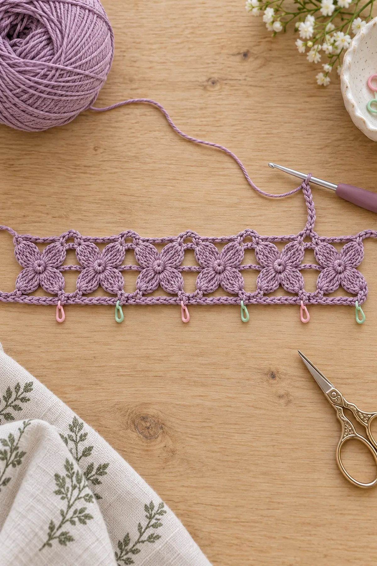 Dusty lavender lace runner foundation with the first linked blossom row in progress