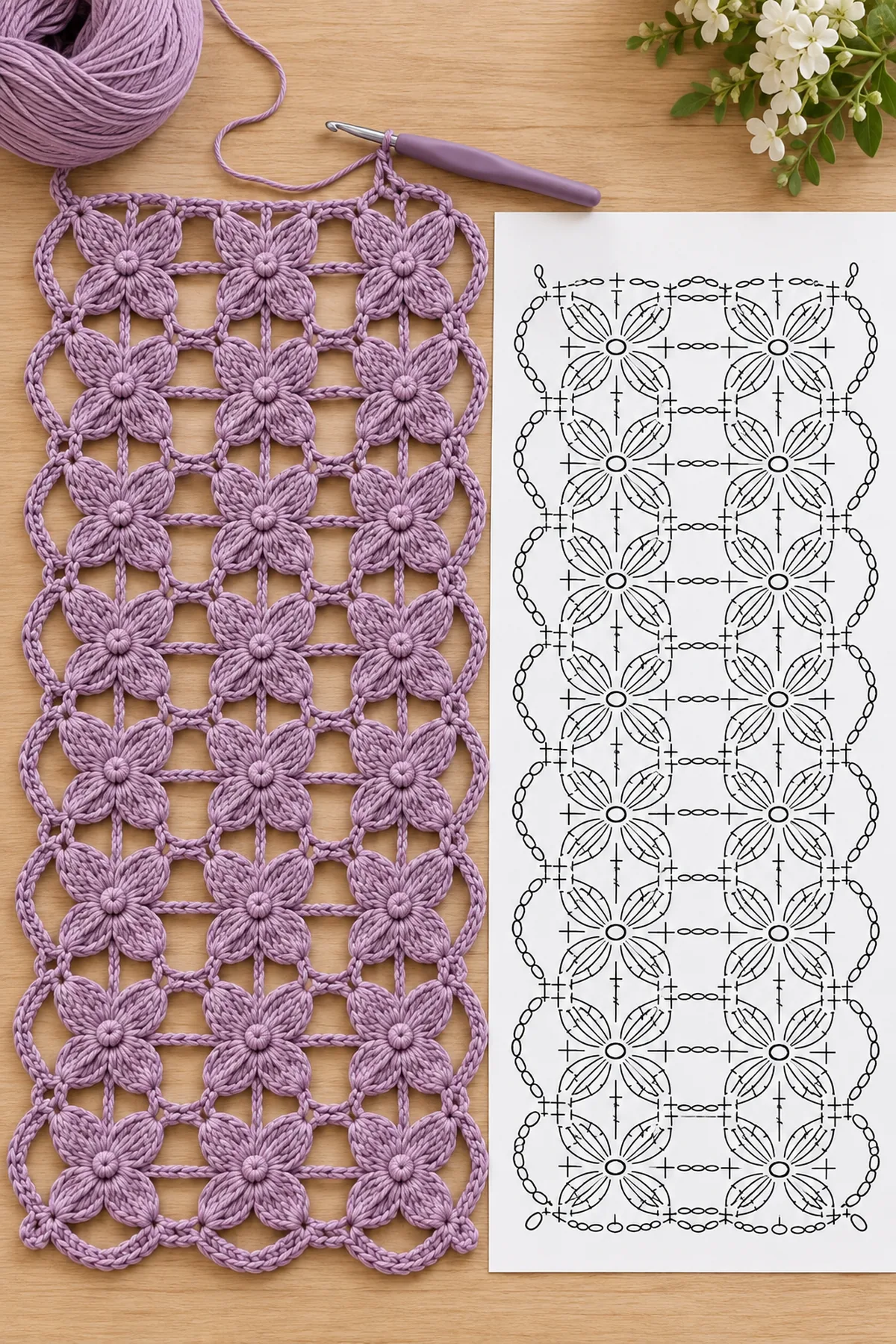 Partly completed lavender blossom runner beside an original blossom and window chart guide