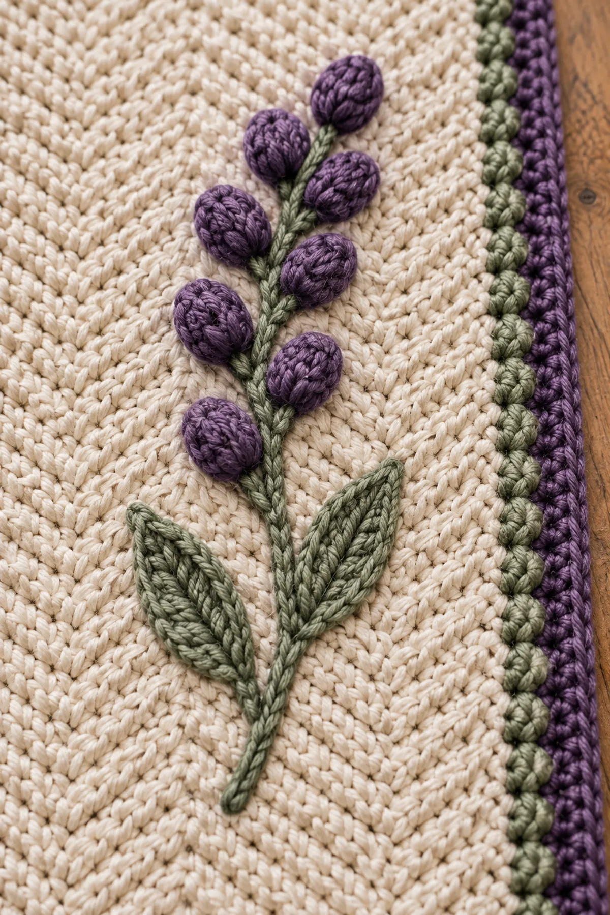 Close-up of lavender and plum crochet bobble buds sage stem leaf herringbone texture and striped edge
