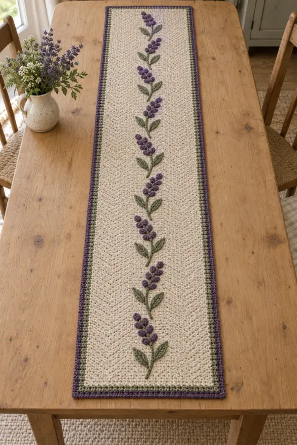 Finished oatmeal crochet table runner with nine lavender sprigs purple bobble buds and sage border