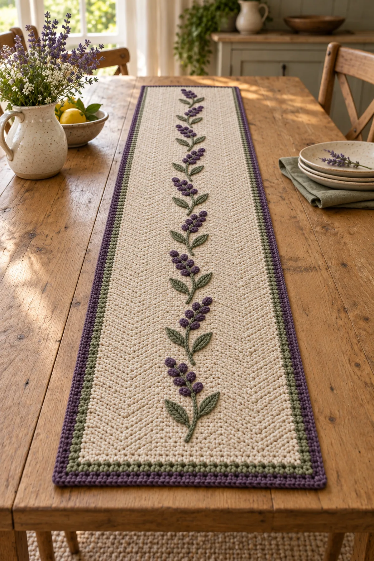 Lavender sprig crochet table runner styled on a calm cottage dining table