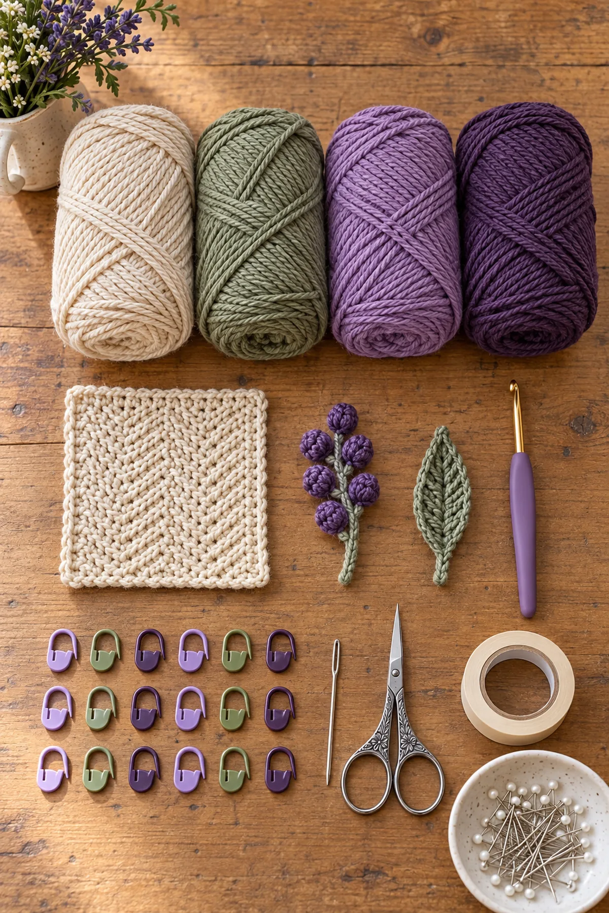 Oatmeal sage lavender and plum cotton yarn with hook markers needle scissors tape and blocking pins