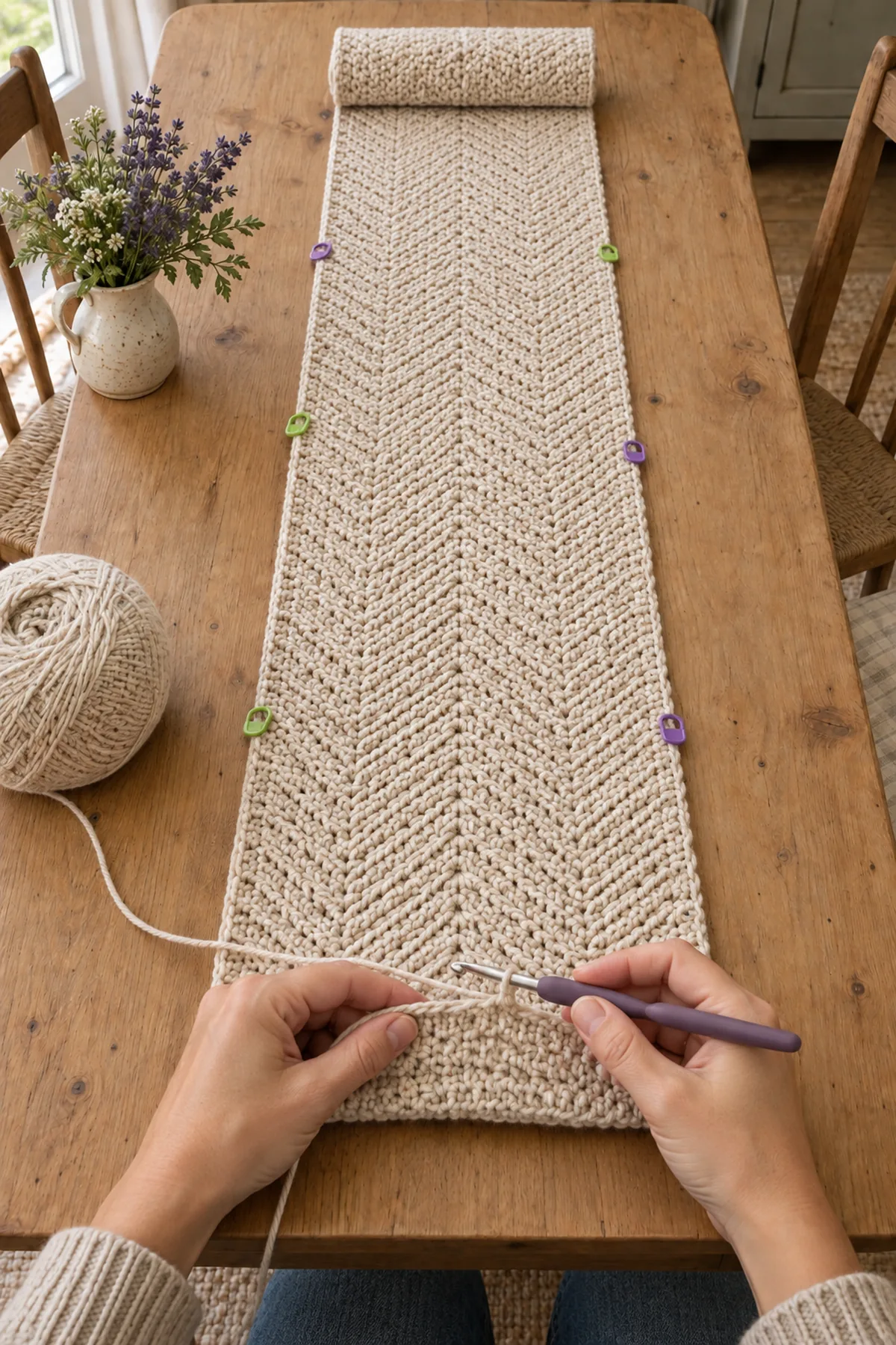 Long oatmeal herringbone half double crochet table runner base in progress