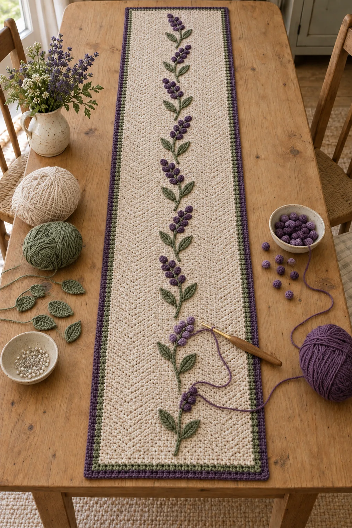 Bordered oatmeal runner with nine sage stems and purple bobble buds being added