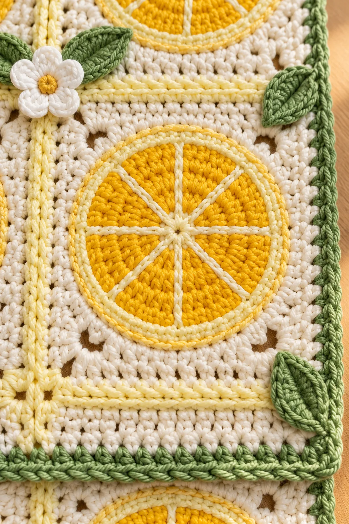 Close-up of golden lemon crochet motif pale yellow segment lines white blossom and green crab stitch