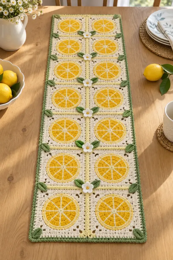 Finished cream crochet summer table runner with fourteen golden lemon motif squares and white blossoms