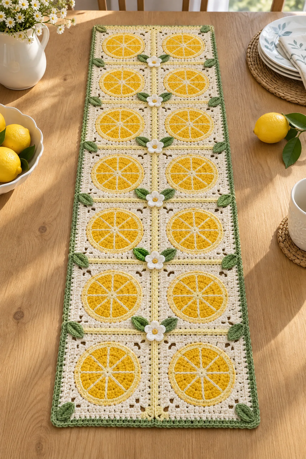 Finished cream crochet summer table runner with fourteen golden lemon motif squares and white blossoms