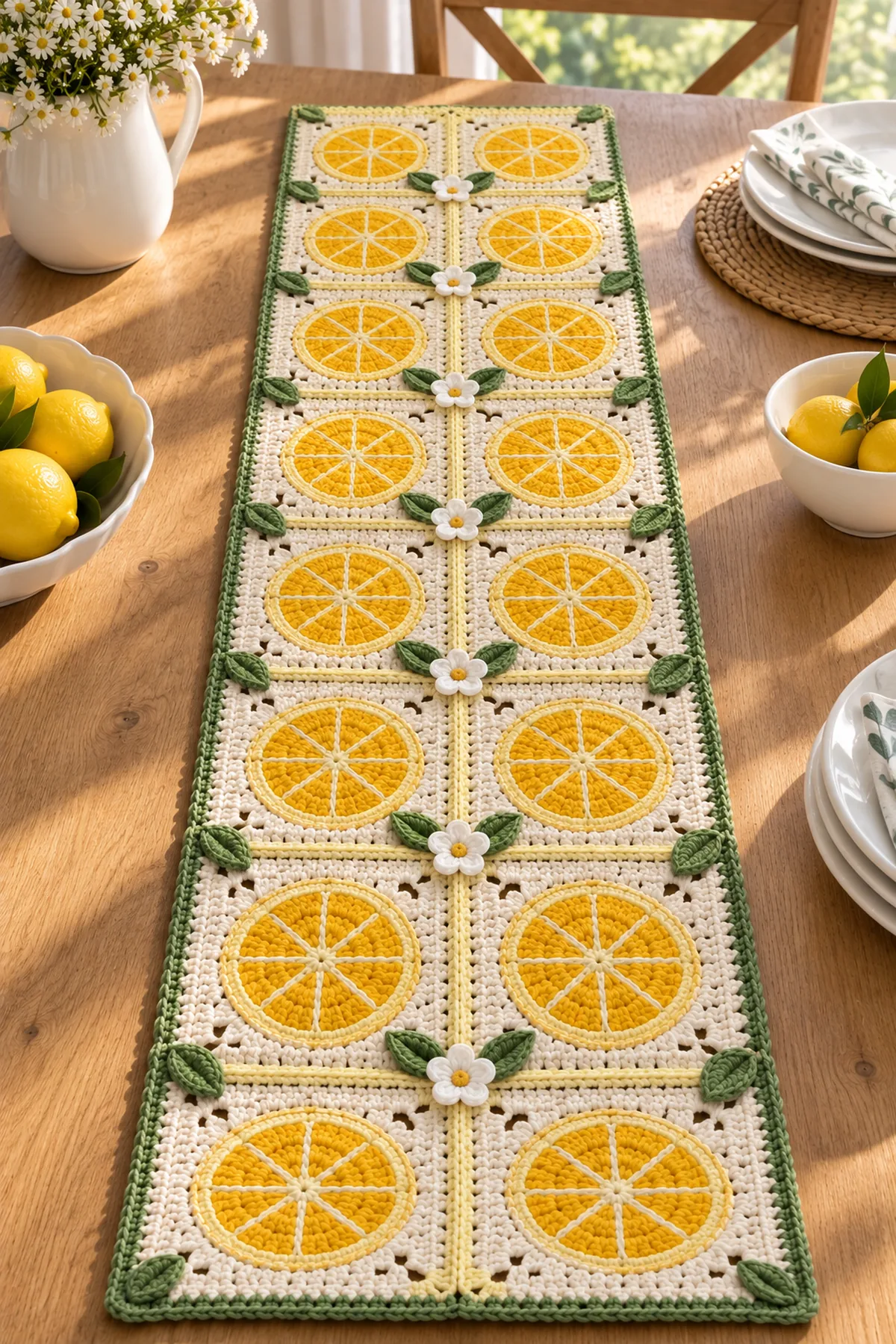 Lemon blossom crochet table runner styled on a sunny summer dining table