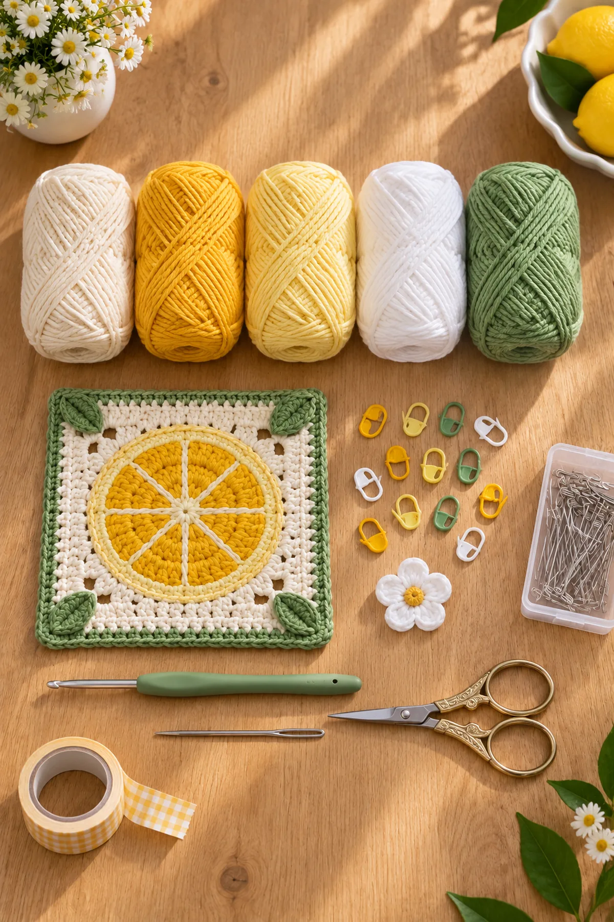 Cream yellow white and sage cotton yarn with hook markers blocking pins needle scissors and tape