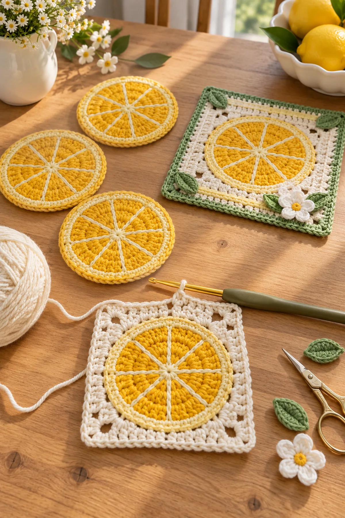 Golden crochet lemon centers and one cream citrus square motif in progress
