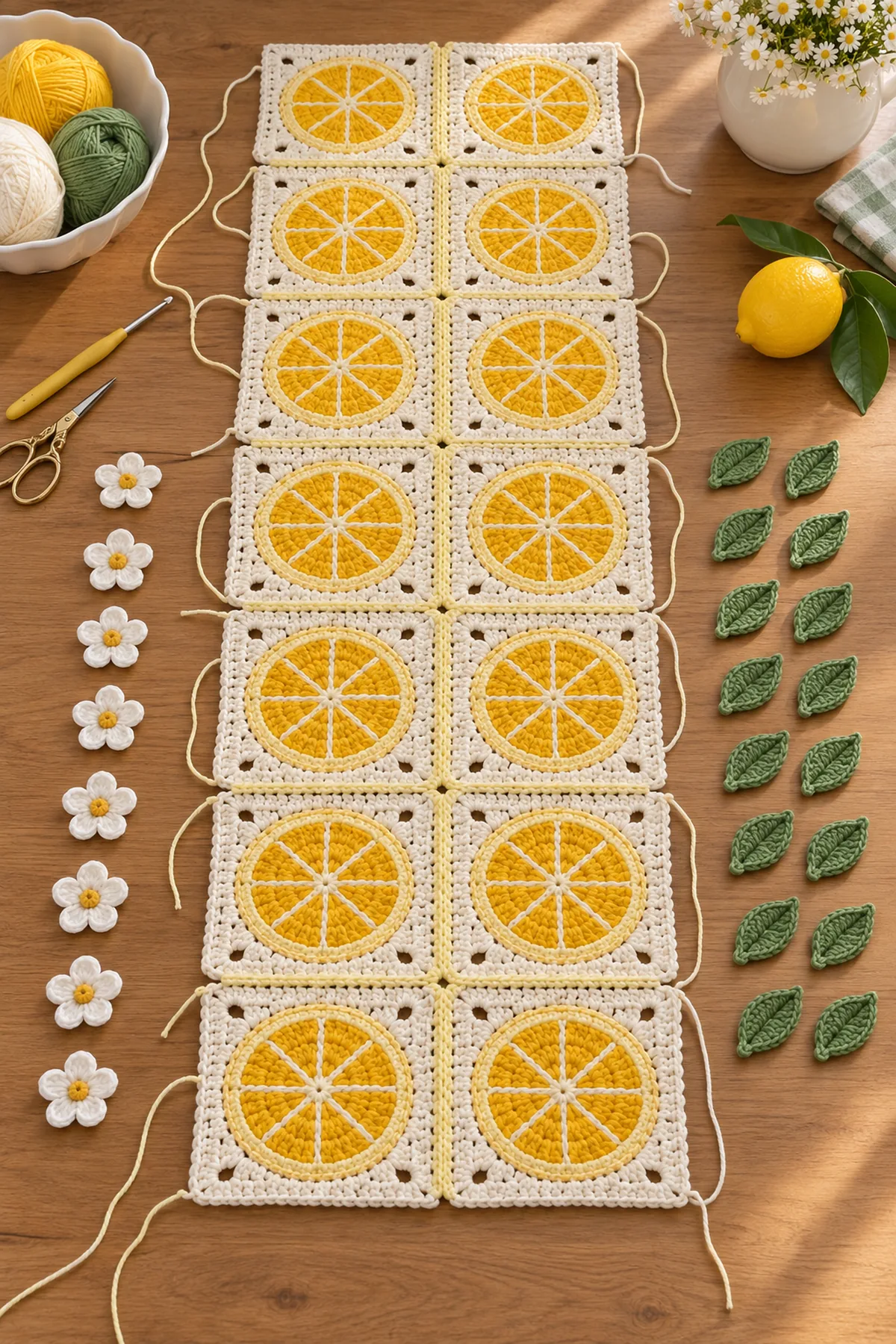 Fourteen blocked lemon motif squares arranged in a two by seven grid for joining