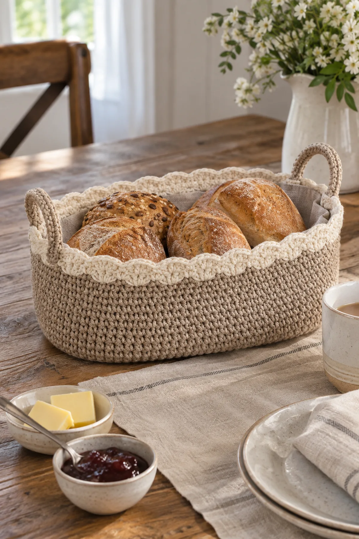 Finished oatmeal linen crochet bread basket with oval base handles and cream scalloped rim