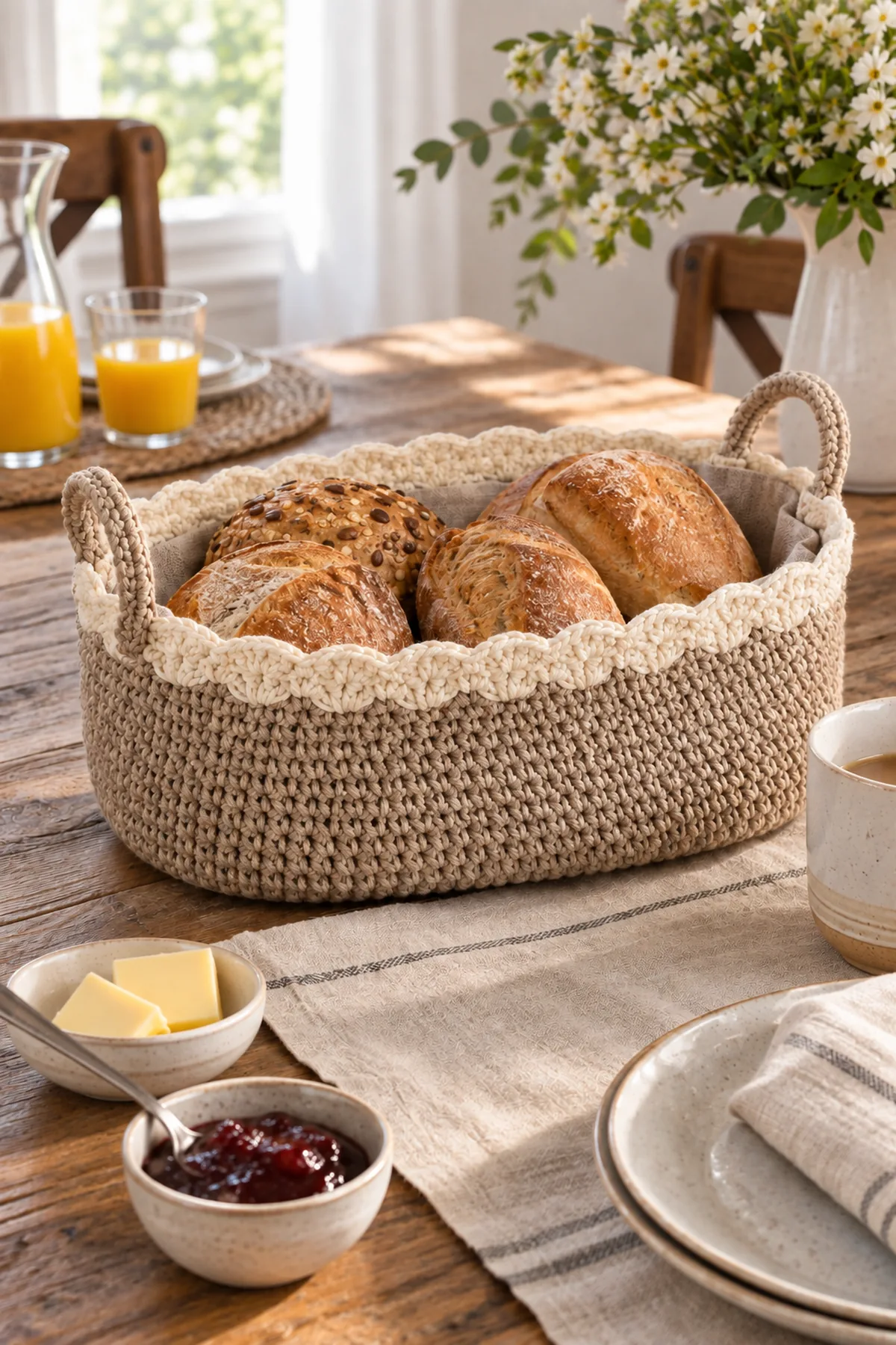 Linen crochet bread basket filled with rustic rolls on a breakfast table