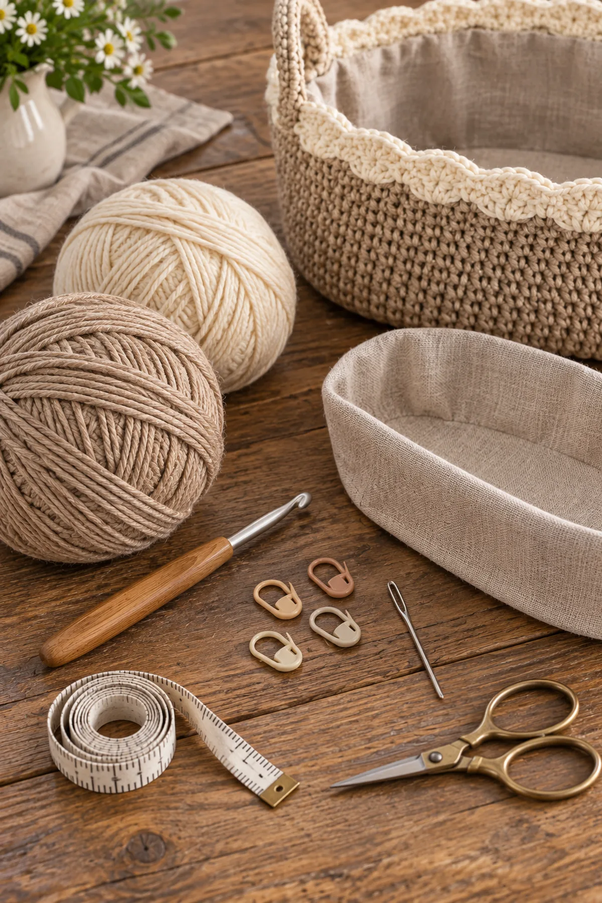 Oatmeal and cream cotton linen yarn crochet hook markers needle scissors and optional liner