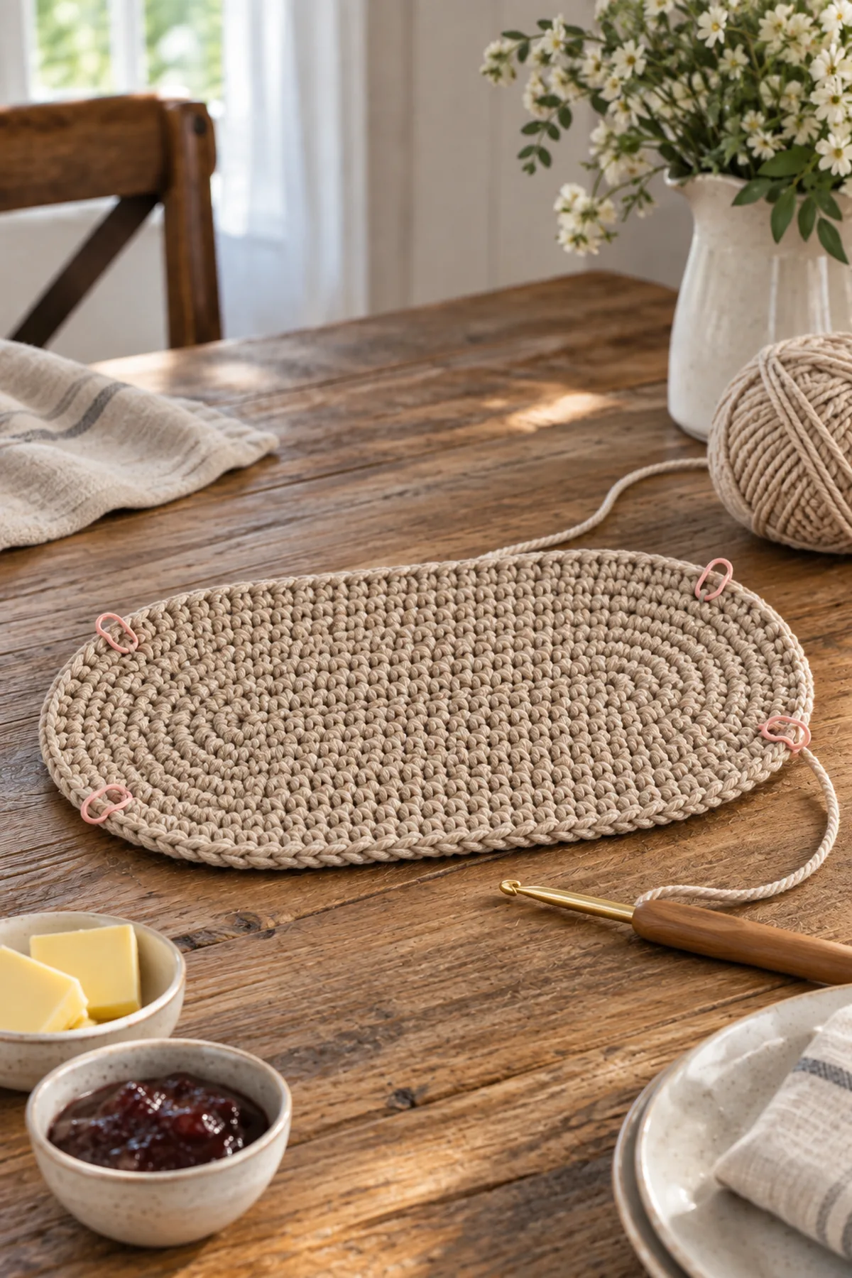 Flat reinforced oatmeal crochet oval base with four marked increase zones