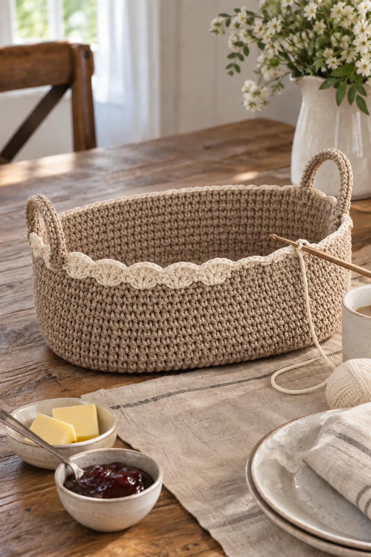Oval crochet basket with waistcoat stitch walls and handle spaces in progress