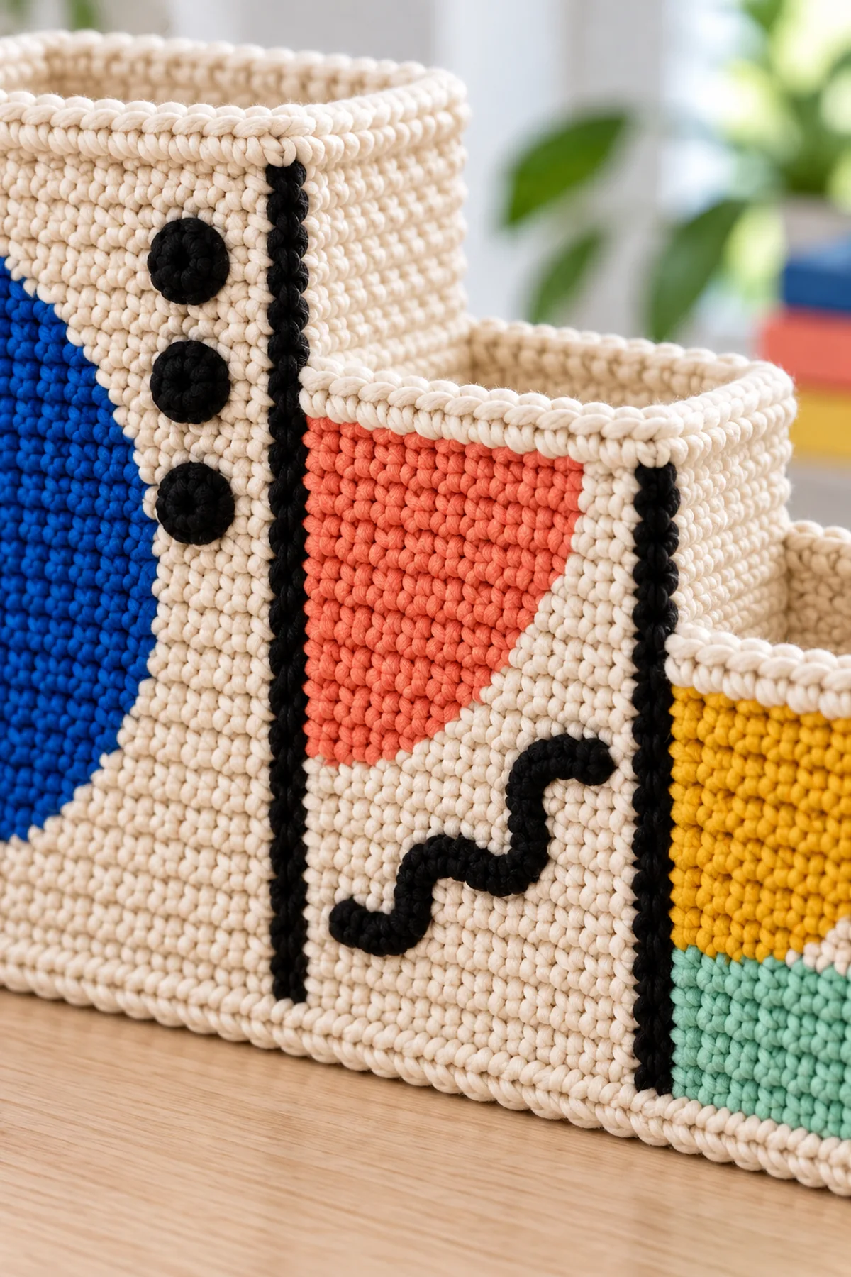 Close-up of crisp reinforced crochet seams bobble dots surface embroidery and cream rim