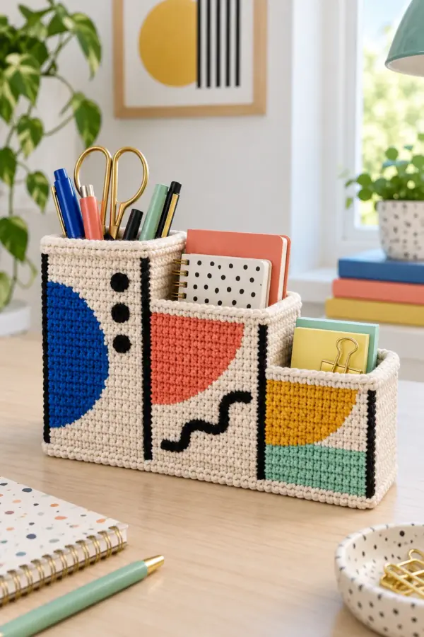 Finished crochet Memphis color block desk organizer in cobalt coral mustard mint black and cream