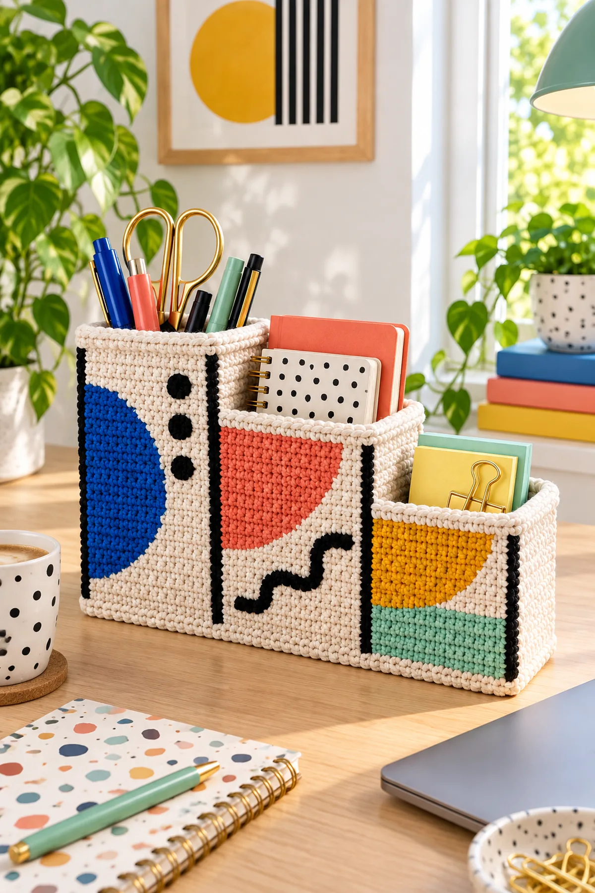 Memphis crochet desk organizer holding pens and notebooks on a playful modern desk