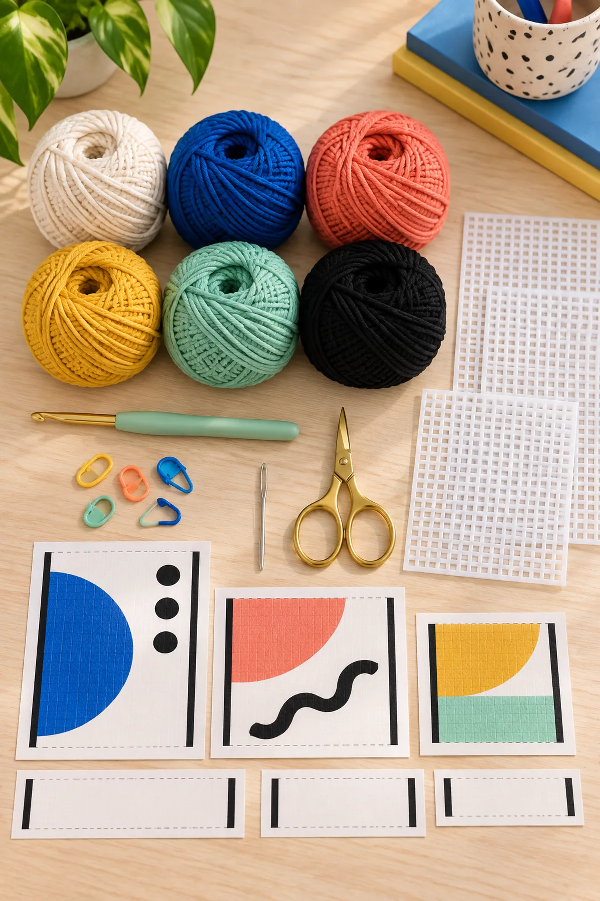 Colorful DK cotton yarn hook plastic canvas markers needle scissors and desk organizer templates