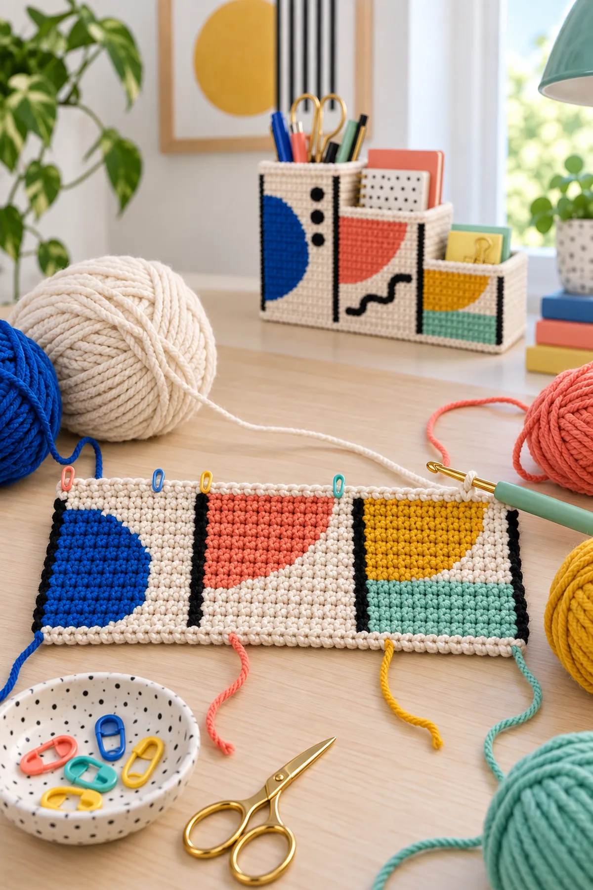 Cream 41 stitch crochet base with first cobalt coral and mustard color blocks
