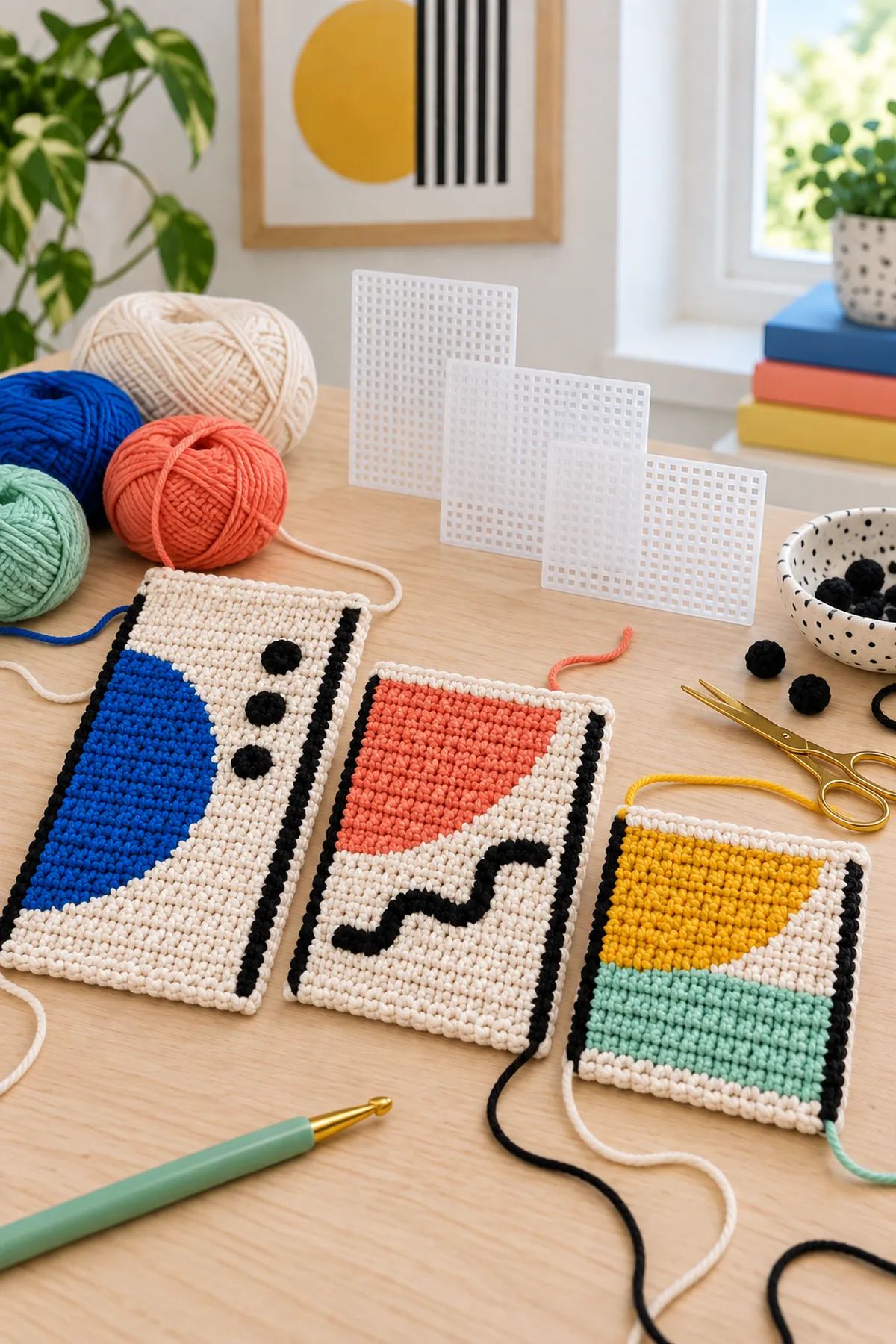 Flat crochet organizer panels midway through Memphis geometric colorwork and black squiggles