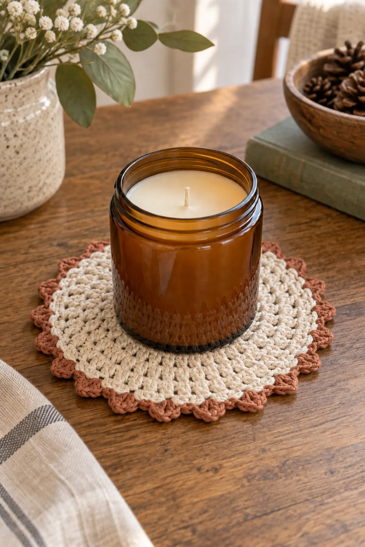 Finished crochet mini candle jar mat styled in a bright natural setting