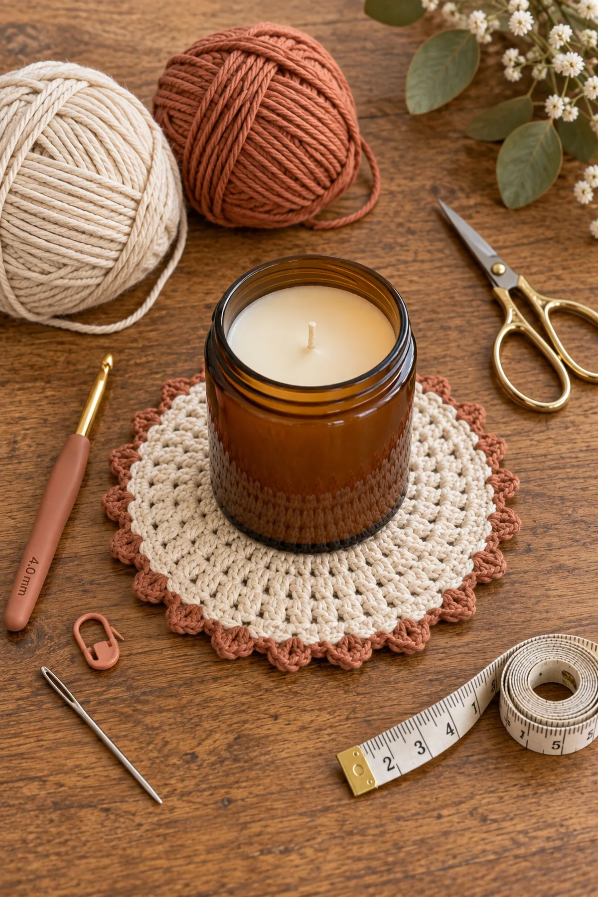Materials for crochet mini candle jar mat including yarn, crochet hook, markers, needle, tape measure, and scissors