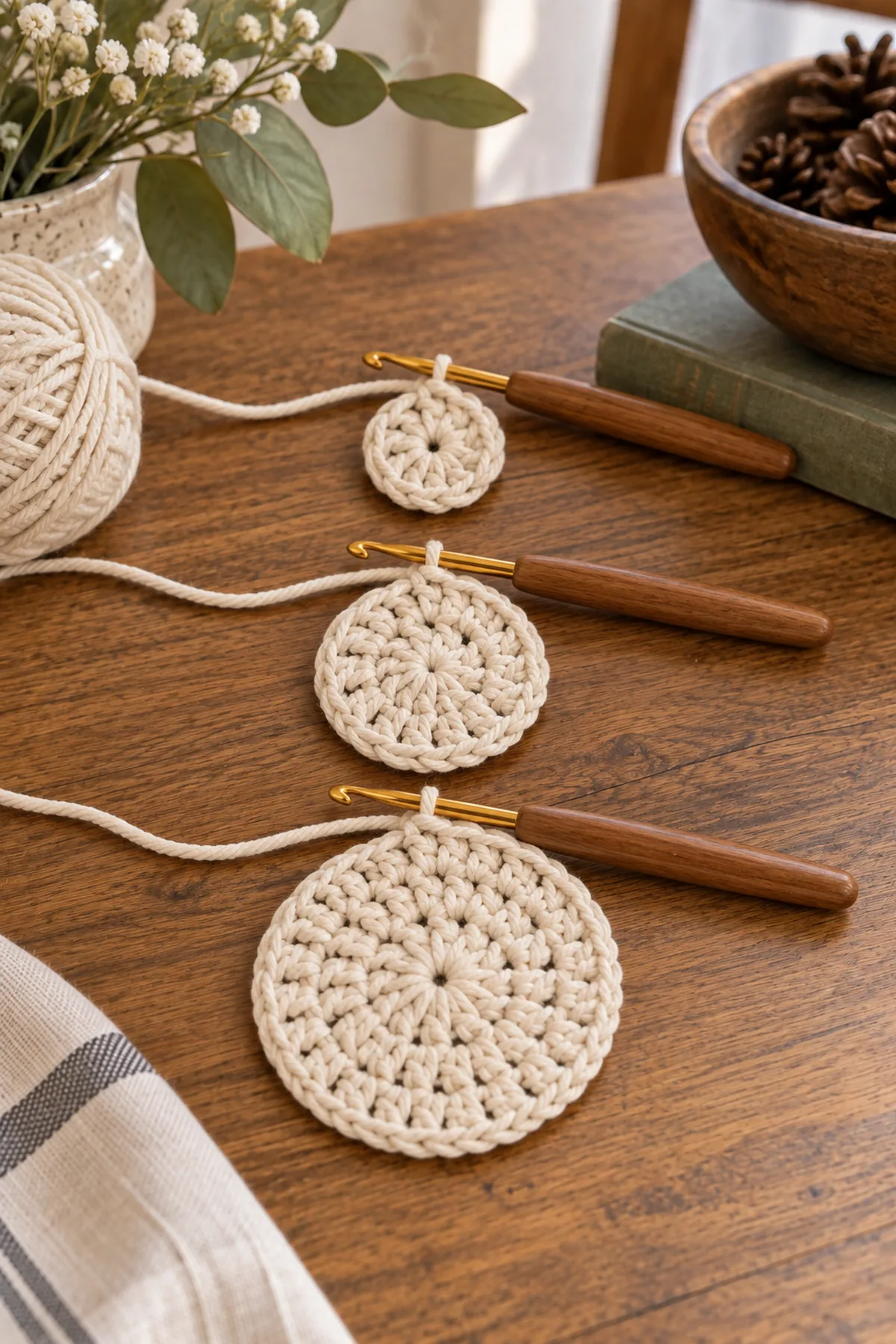 Early crochet construction stage for crochet mini candle jar mat with working yarn and hook